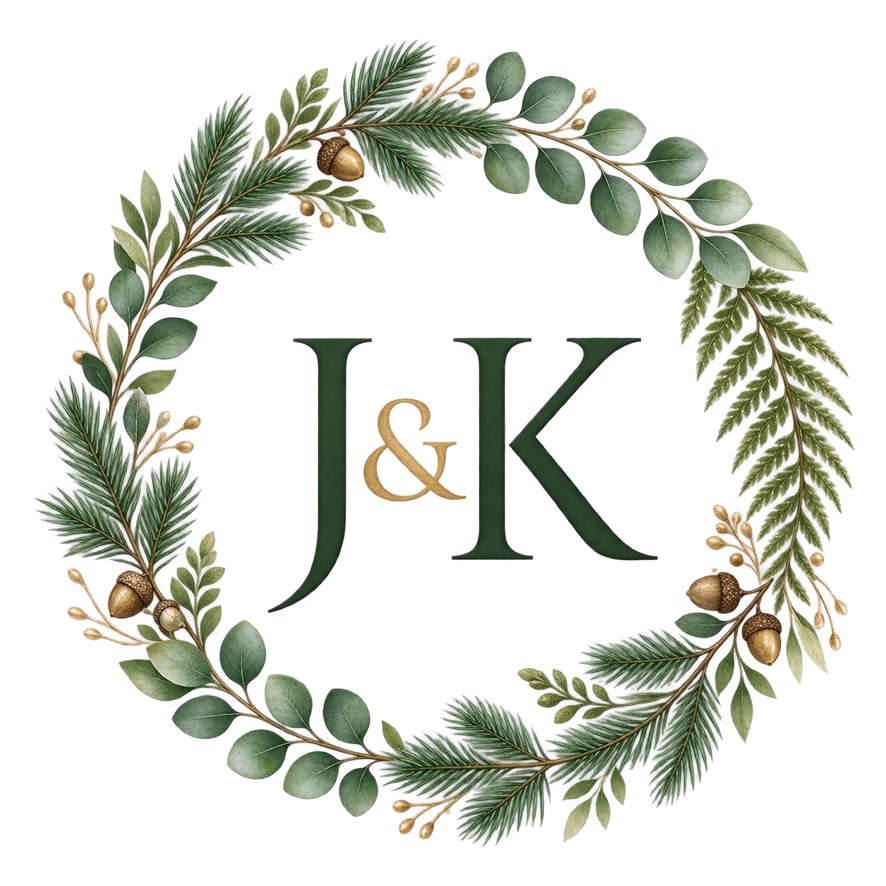 Monogram in a wreath of pine, eucalyptus and acorns